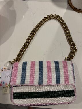 Beaded Stripe Shoulder Bag in Pink, White & Blue with Gold Chain
